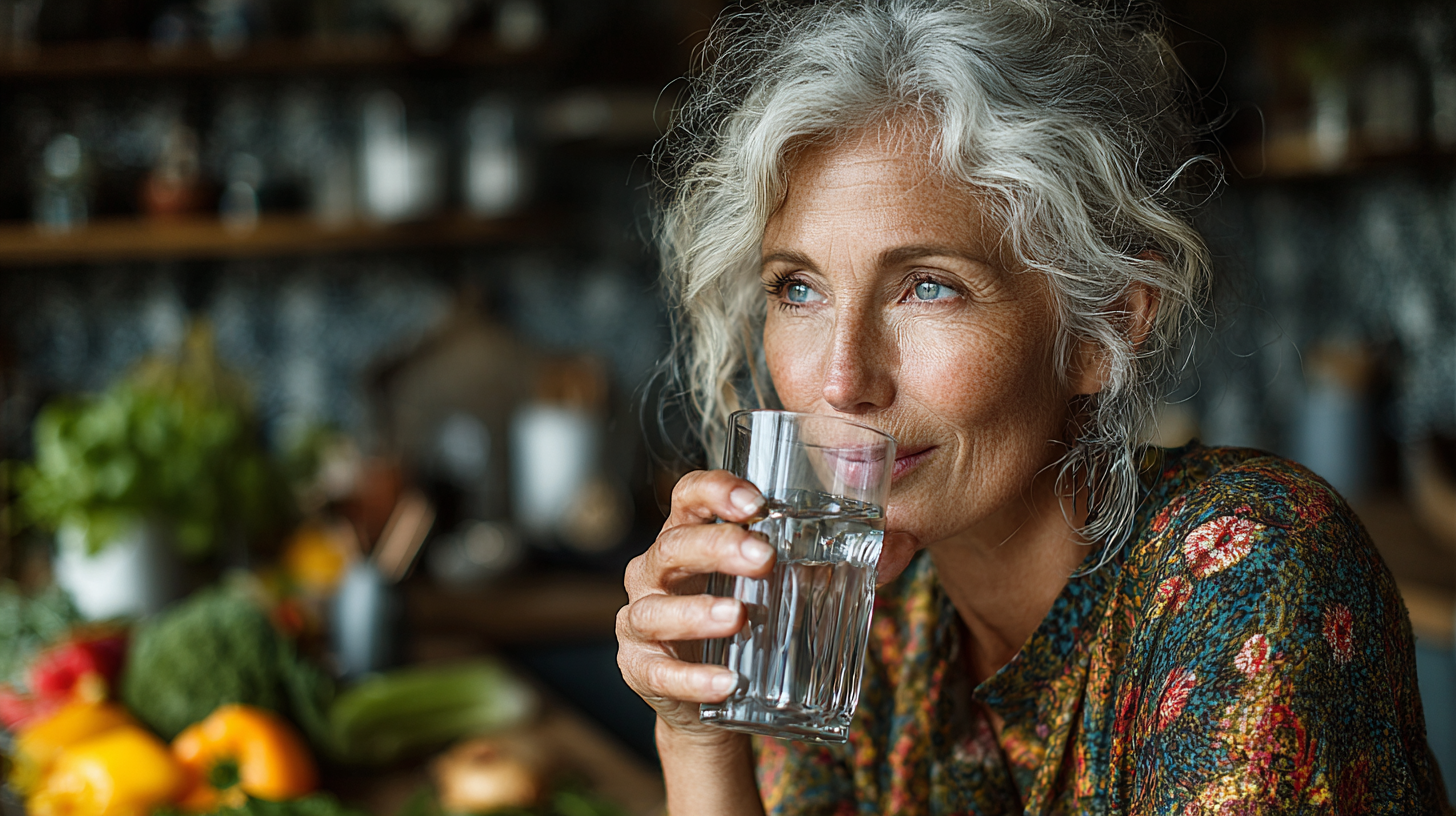Жінка старшого віку п'є воду з лимоном